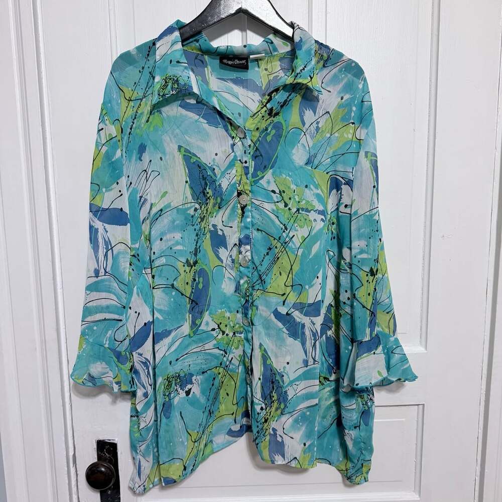 Blue Green Abstract Print Button-Down Sheer Blouse Plus Size 3X